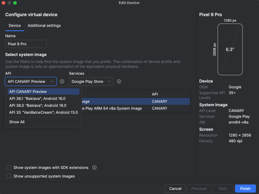 The AVD API level configuration for the phone host
device.