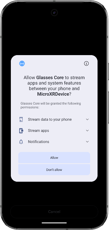 La richiesta di associazione per l'app Glasses Core.