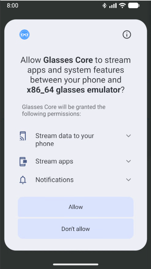 La richiesta di associazione per l&#39;app Glasses Core.