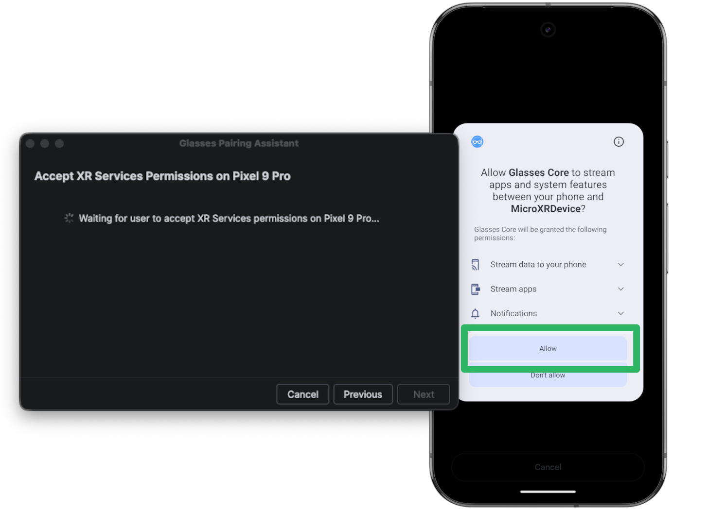 The Pairing Assistant uses the phone AVD to present association
requests.