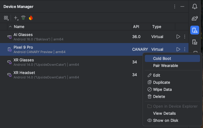 点击“冷启动”，以冷启动方式启动手机模拟器。