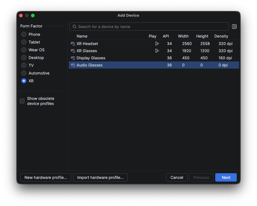 The Device Manager panel in Android Studio.