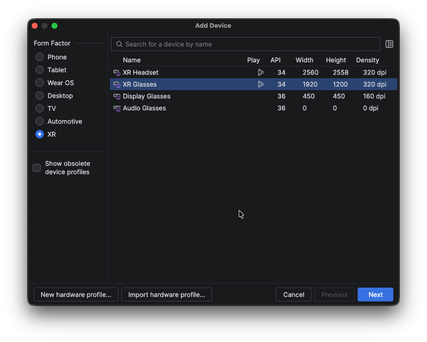 Android Studio 中的「裝置管理工具」面板。