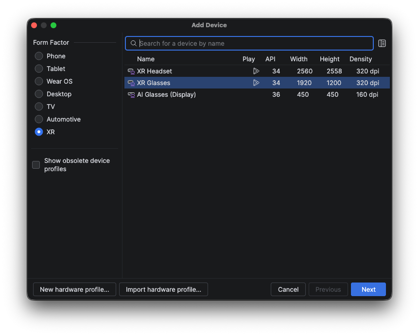 The Device Manager panel in Android
Studio.