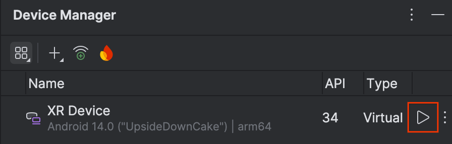 Écran du gestionnaire d'appareils Android Studio