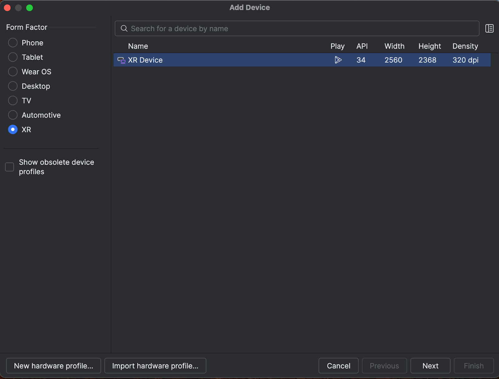 Android Studio 的「Add Device」畫面