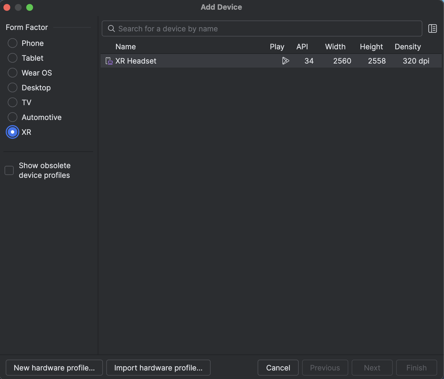 Écran d'ajout d'appareil Android Studio