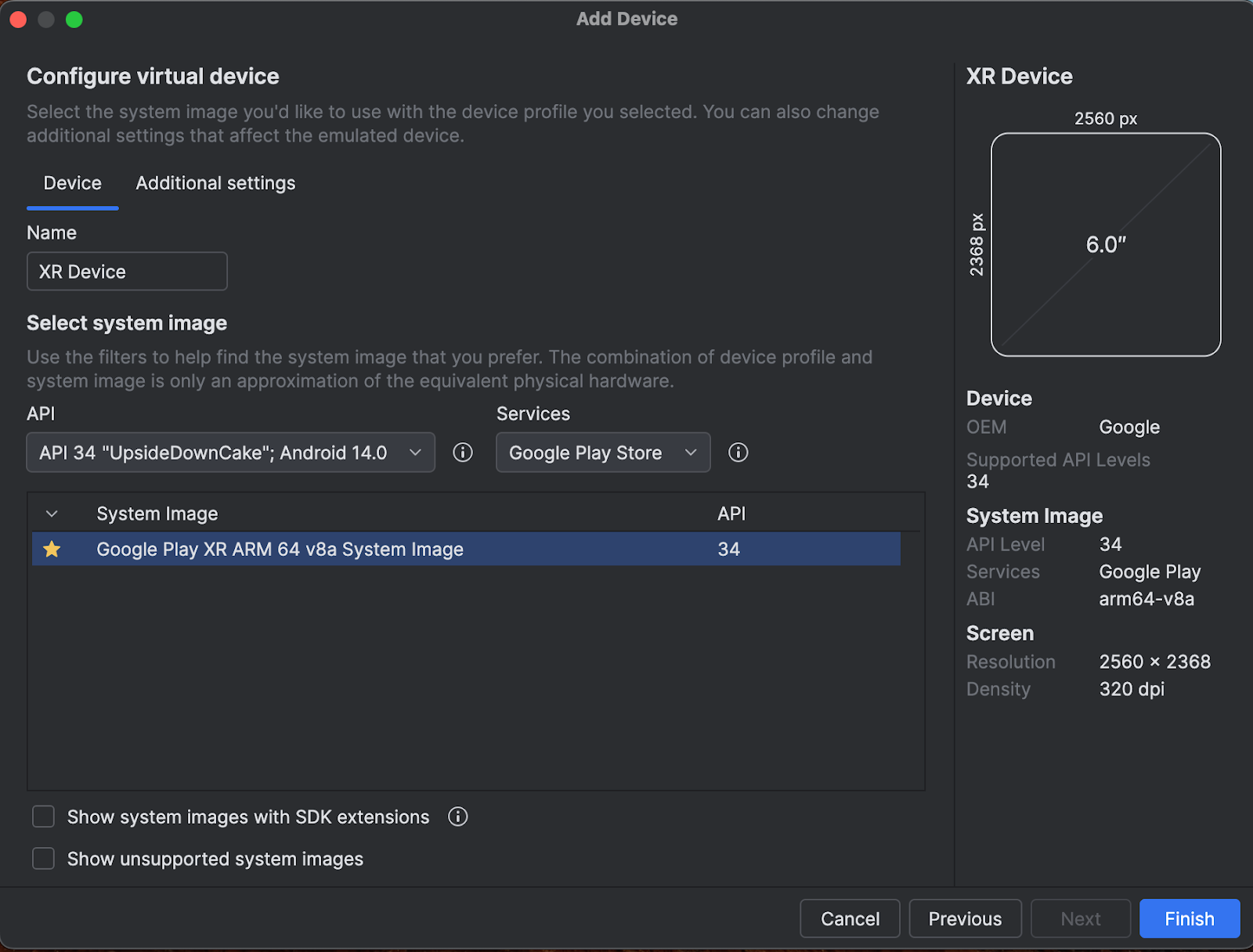 Tela do Android Studio para configurar dispositivos virtuais Android