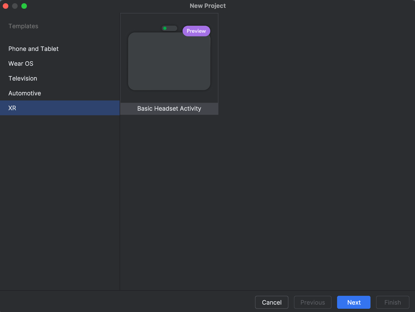 Schermata del nuovo progetto di Android Studio