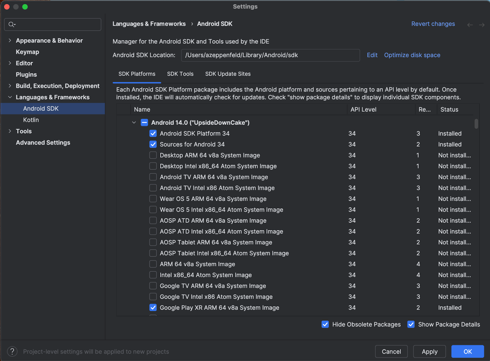 Màn hình nền tảng SDK Android Studio