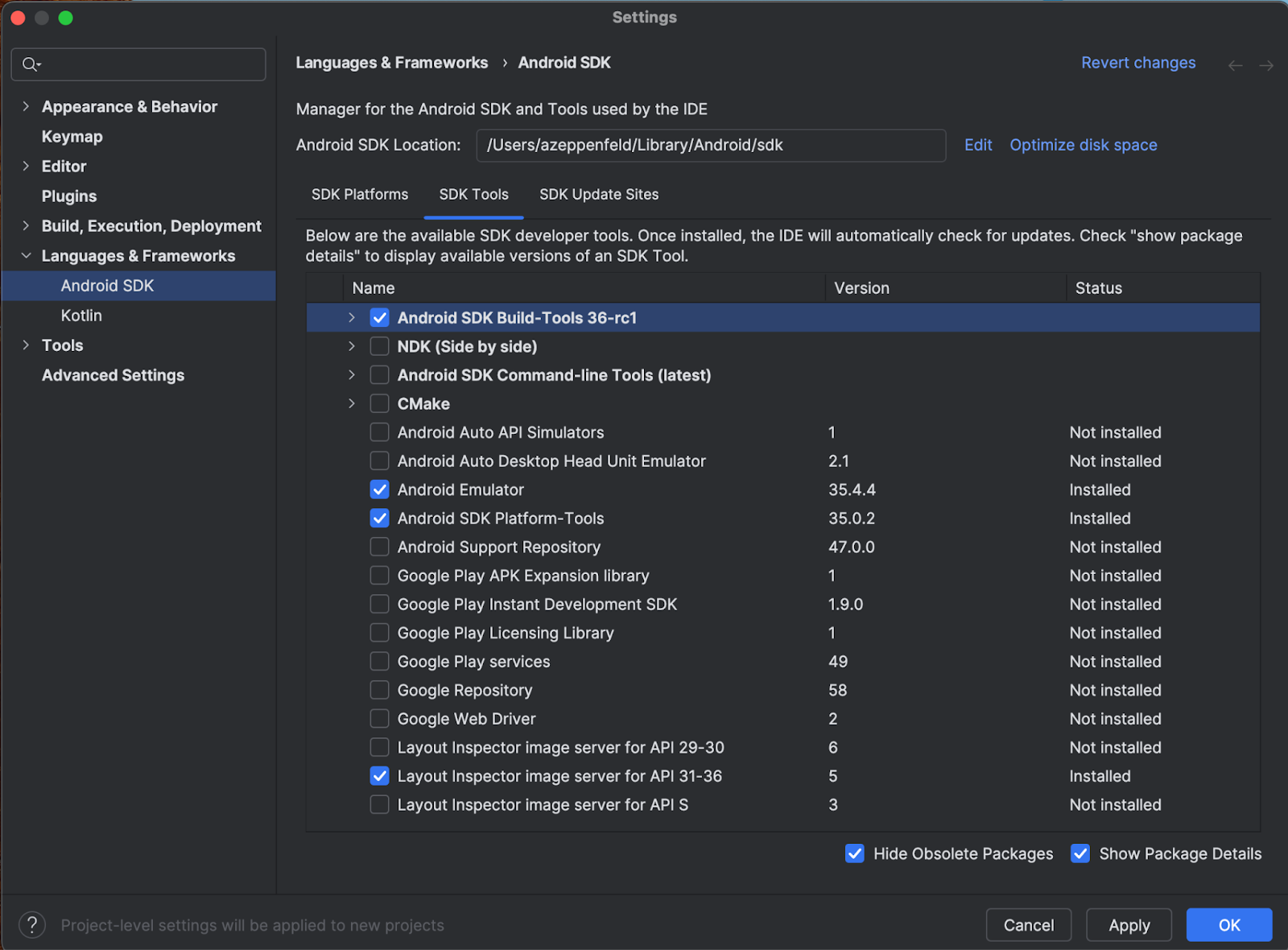 Android Studio-SDK-Bildschirm