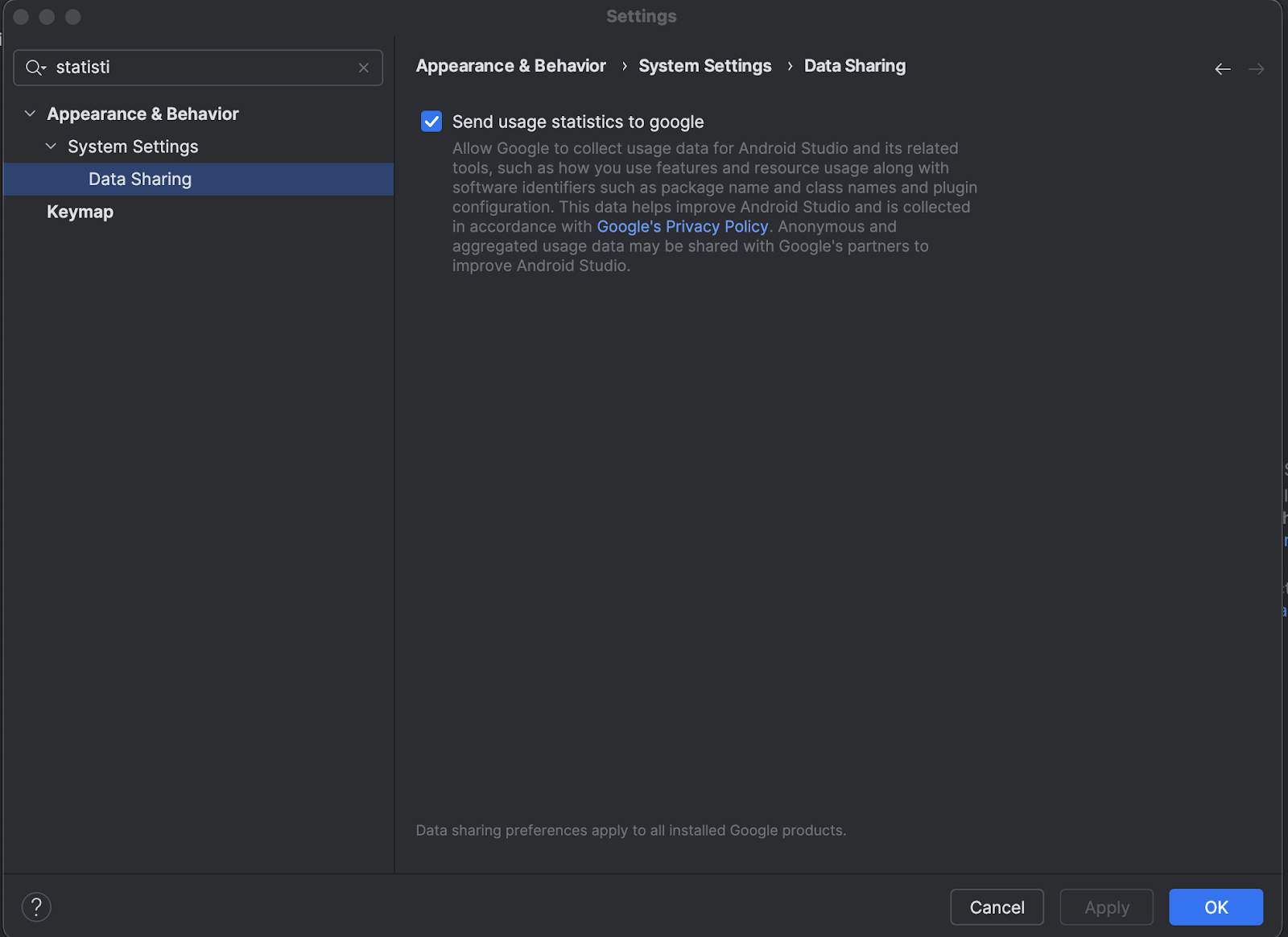 Écran des paramètres d&#39;Android Studio