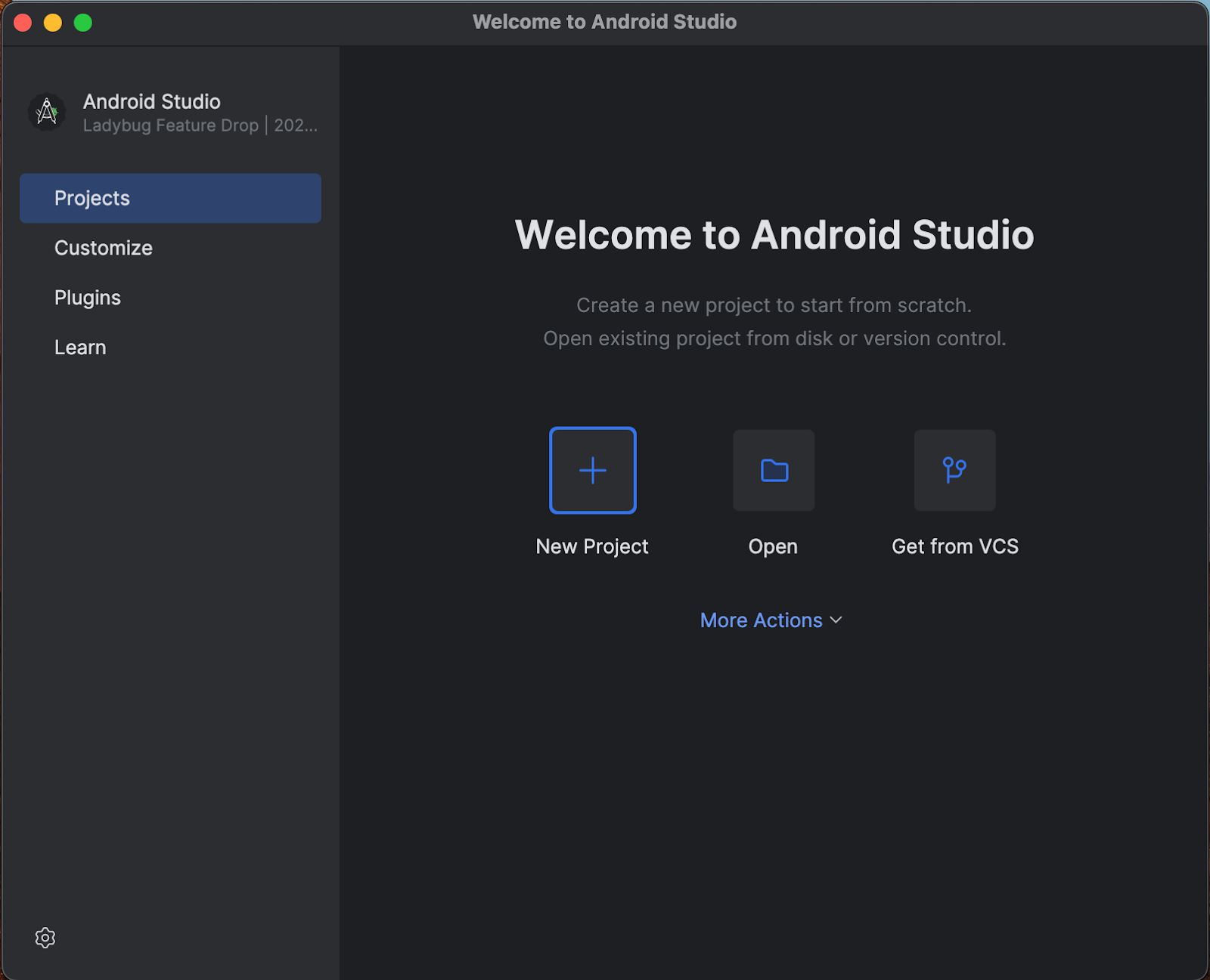 Android Studio welcome screen