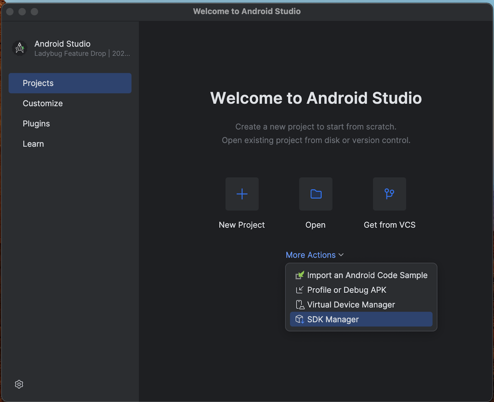 หน้าจอต้อนรับของ Android Studio