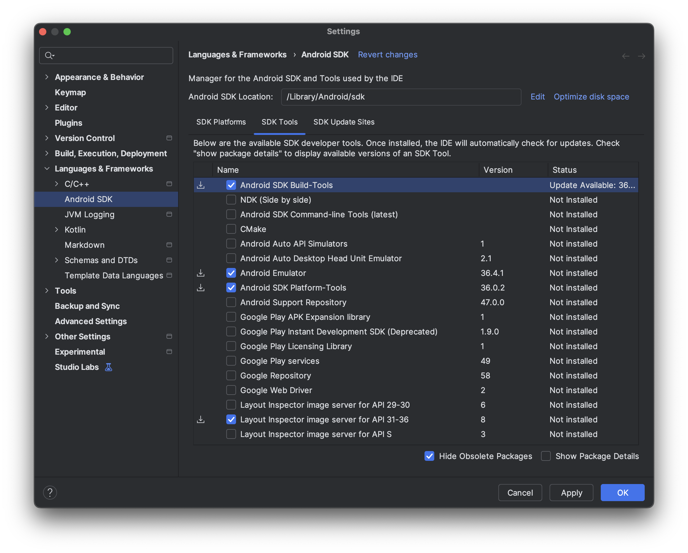 Scheda Strumenti SDK di Android Studio