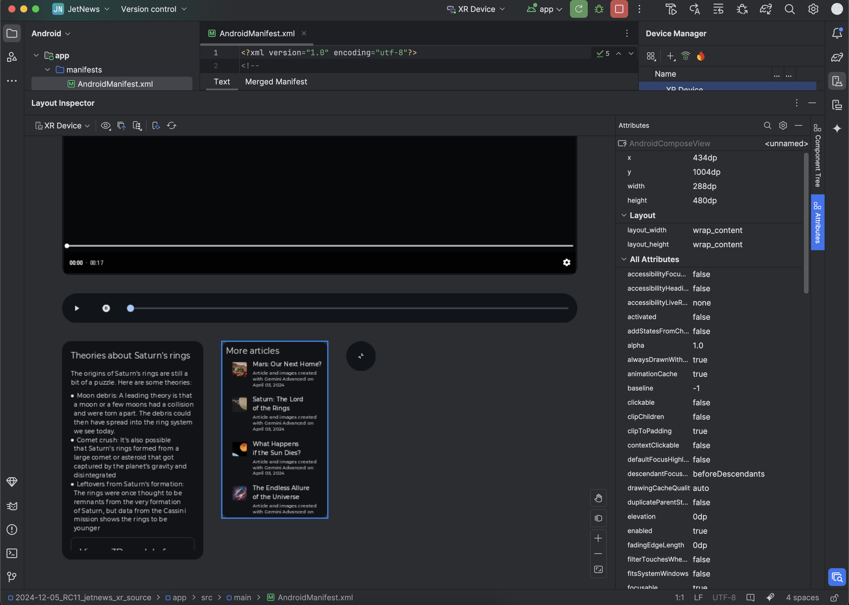 Janela do Android Studio com o Layout Inspector aberto e o painel "Atributos" visível.