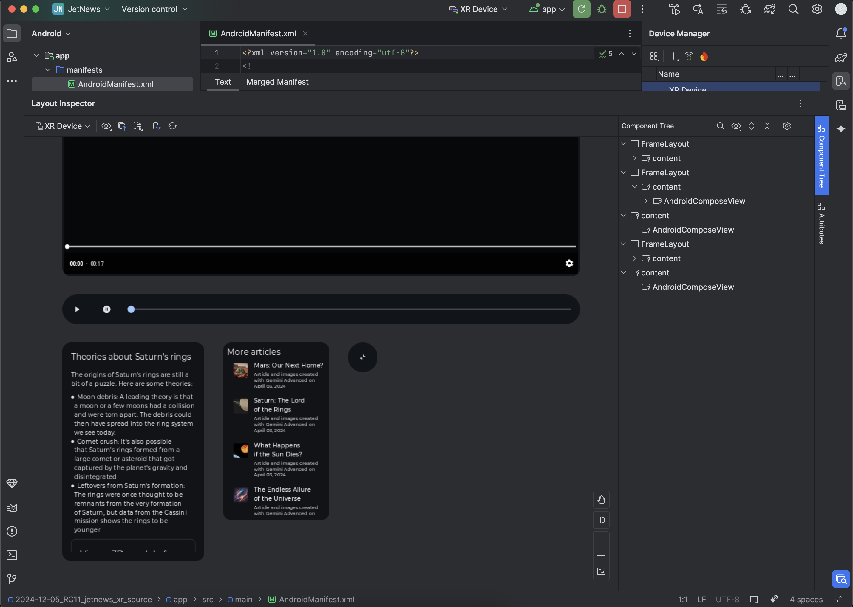 Düzen Denetleyici'nin açık olduğu Android Studio penceresi.
