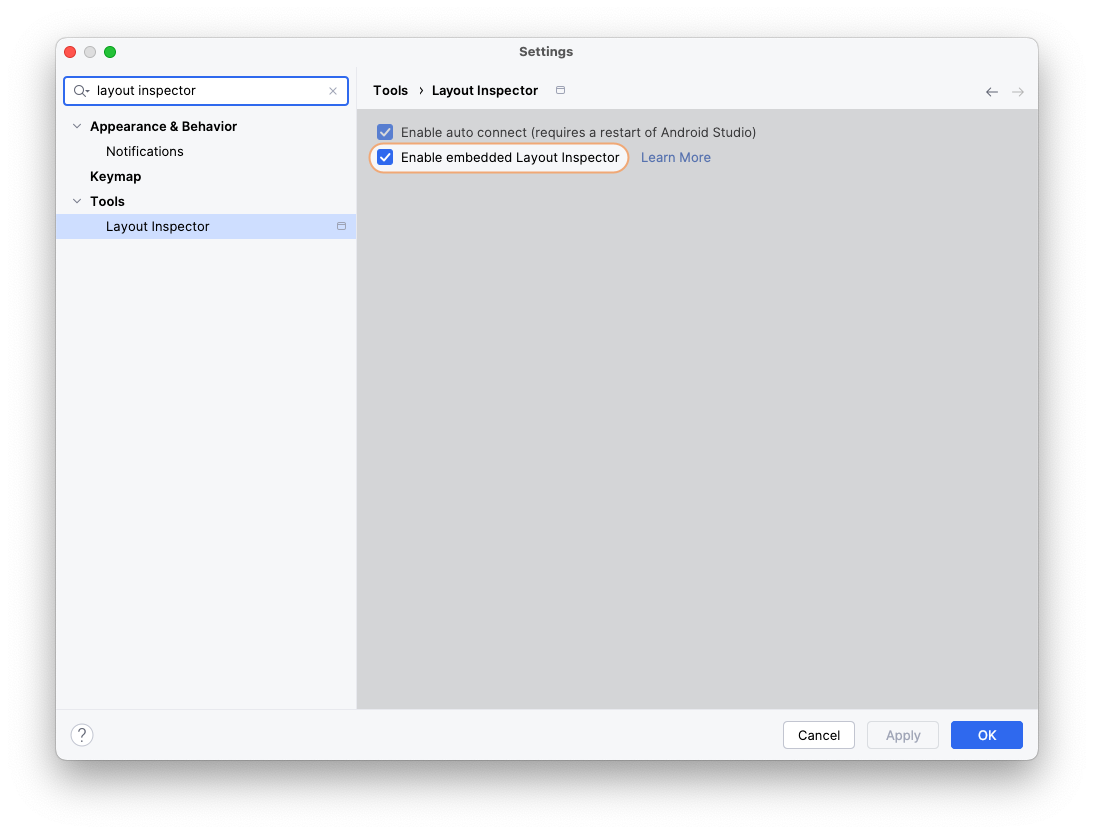 Android studio layout inspector settings