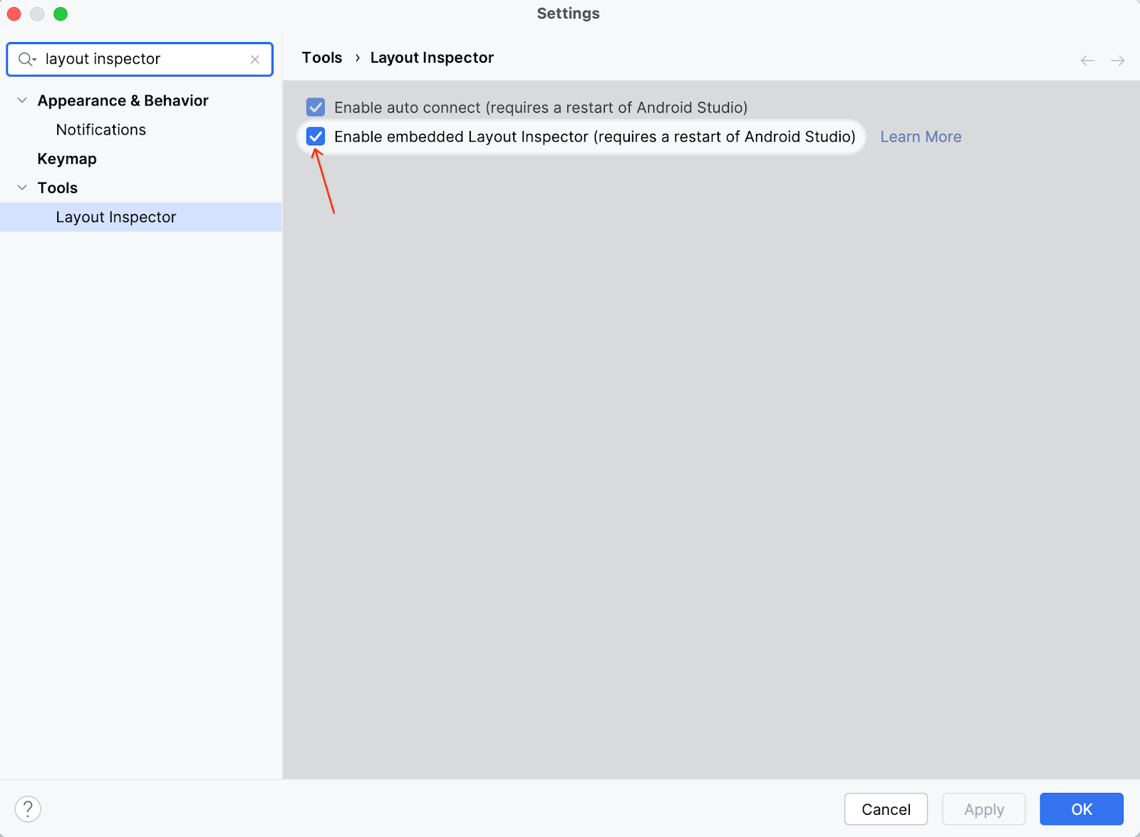 Android studio settings page