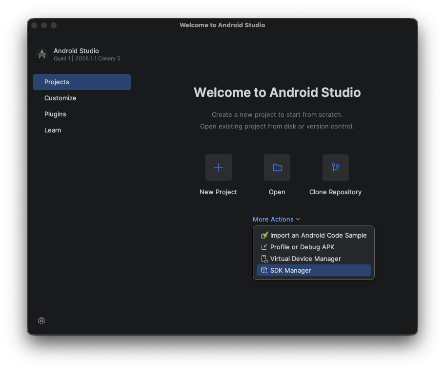 Android studio welcome screen