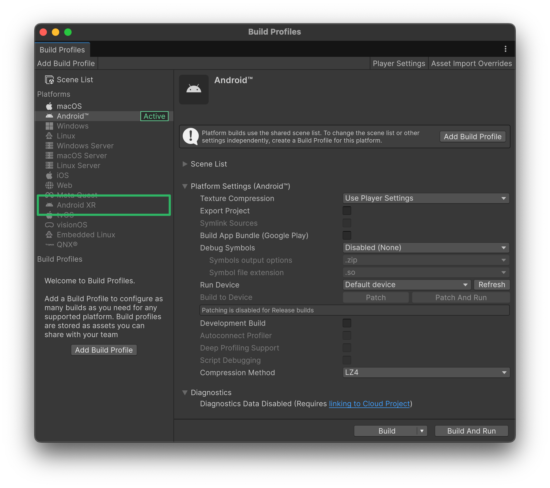 Seleziona il profilo di build Android XR nelle impostazioni di Unity.