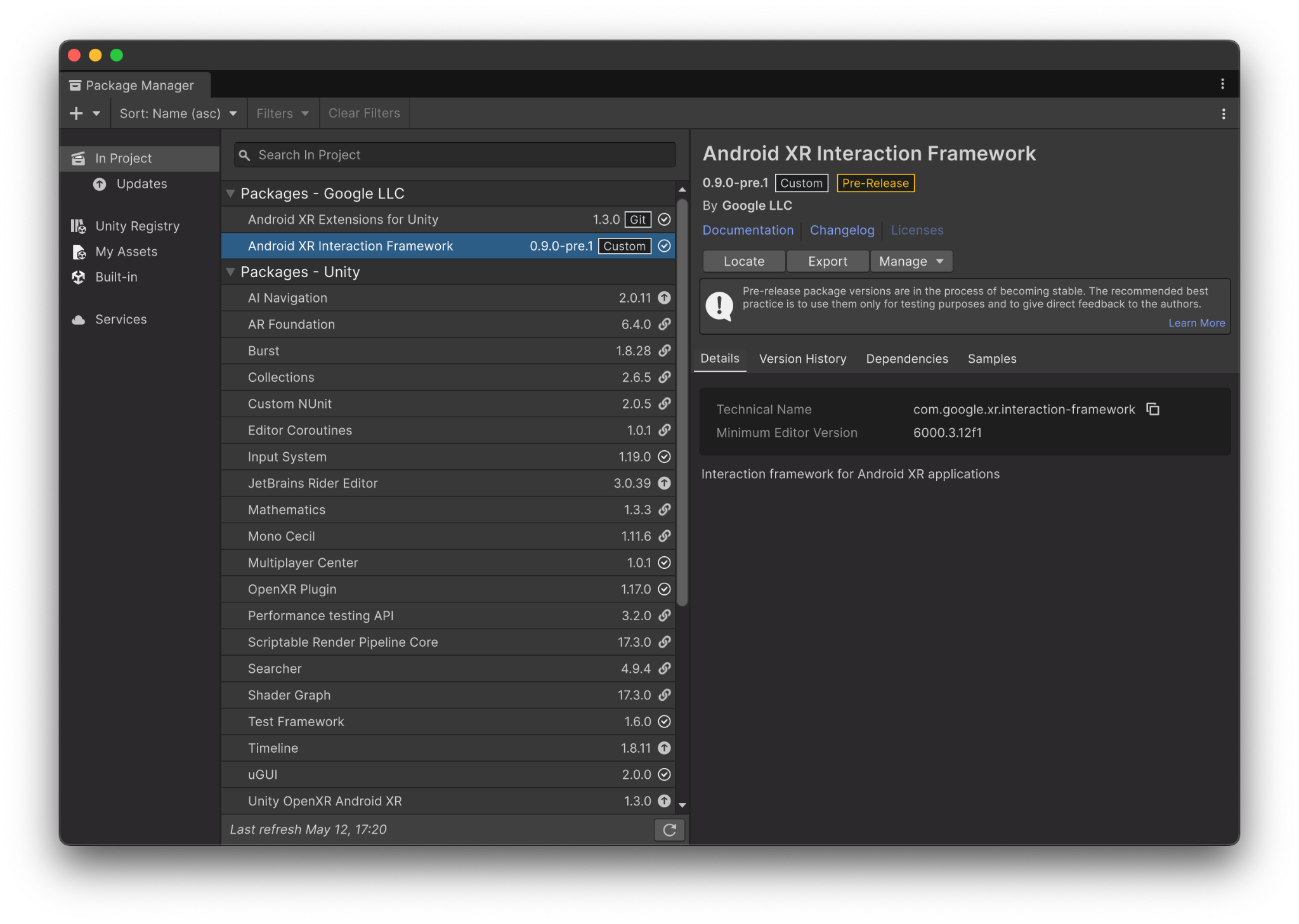 Подробную информацию о пакете AXRIF можно найти в менеджере пакетов Unity.