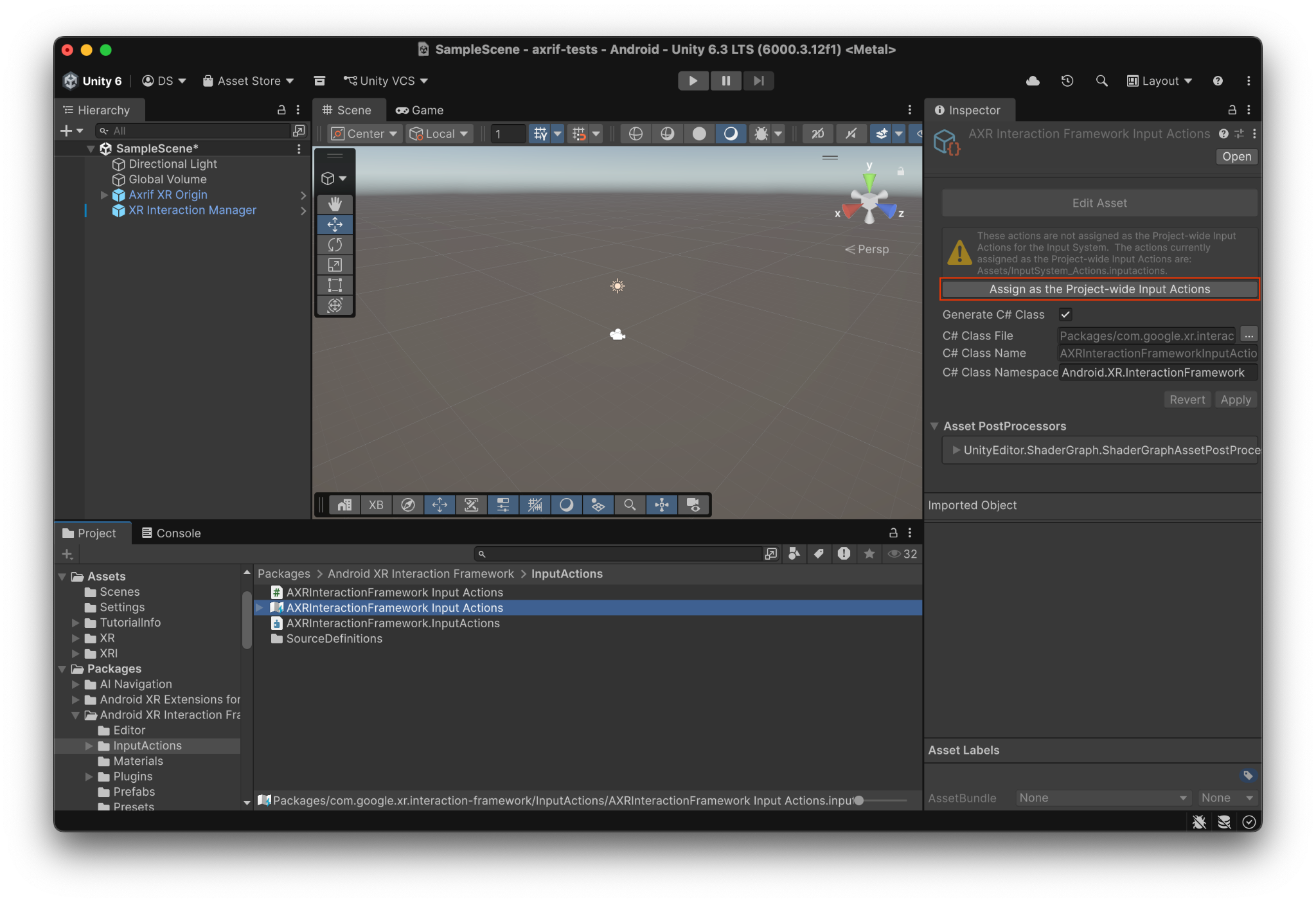 Konfigurasi tindakan input untuk Unity guna menjembatani data runtime dengan Tindakan Input Unity.