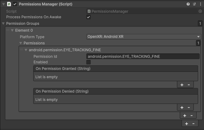إعدادات Unity لمجموعات الأذونات التي تم طلب الإذن
android.permission.EYE_TRACKING_FINE لها
