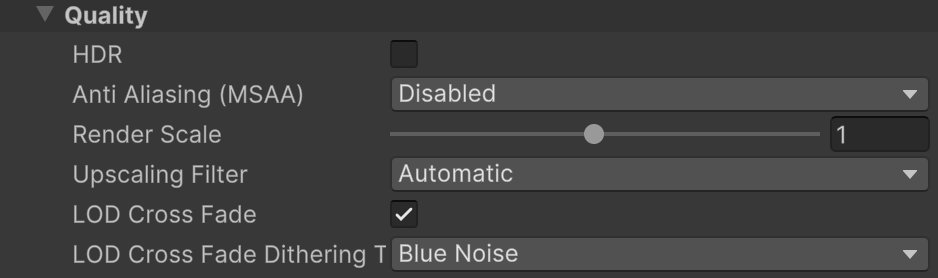عرض Universal Render Pipeline Asset مع الإعدادات المقترَحة