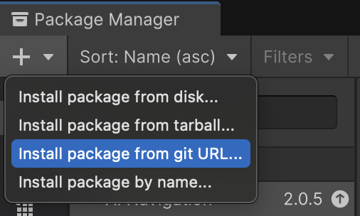 Ejemplo del botón Add package from git URL en la IU