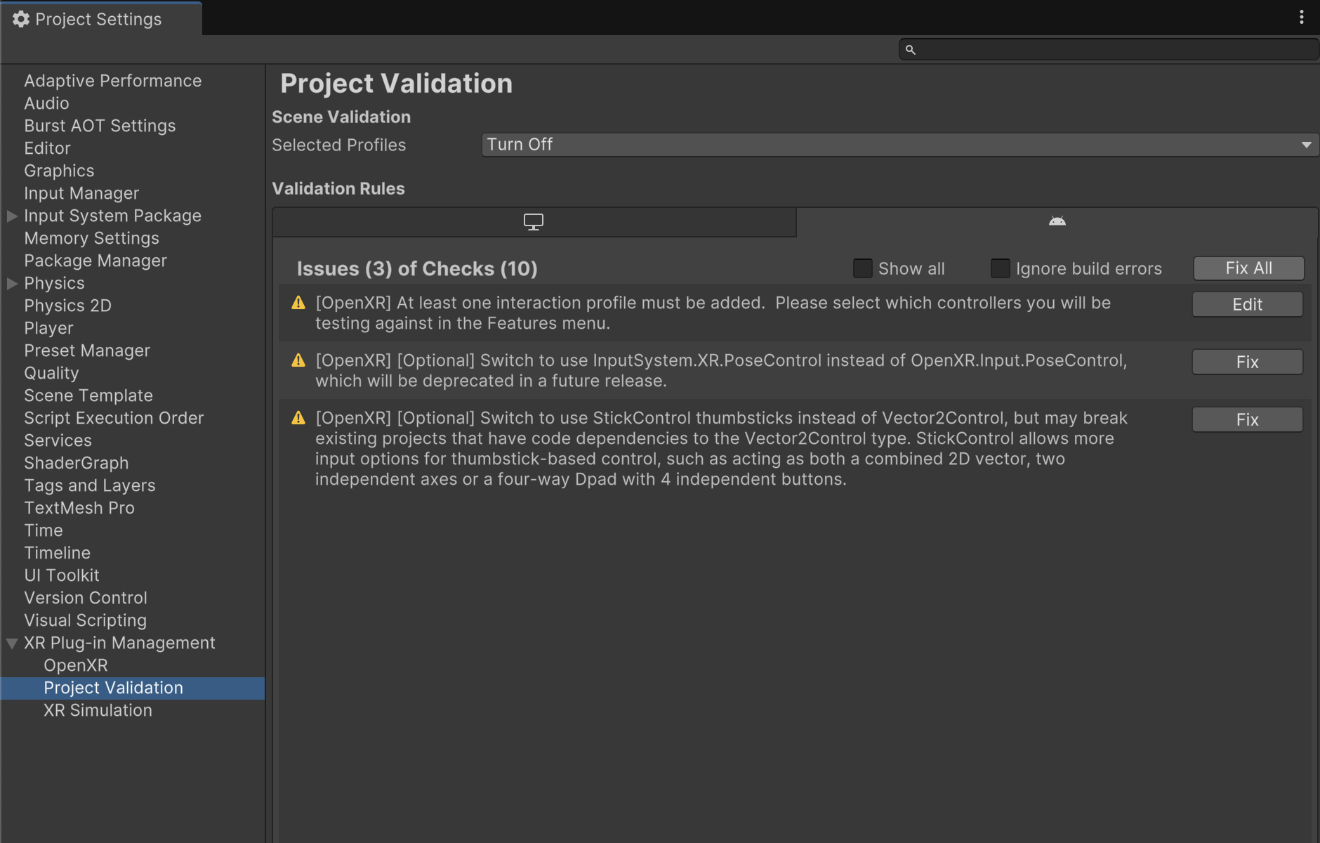 Ejemplo de la configuración de validación del proyecto