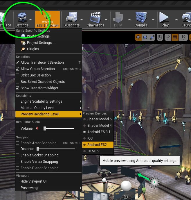 Configuración de la vista previa de la renderización para dispositivos móviles en el editor de Unreal