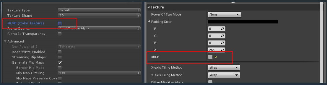 Parámetros de configuración de texturas sRGB en Unity y Unreal Engine 4