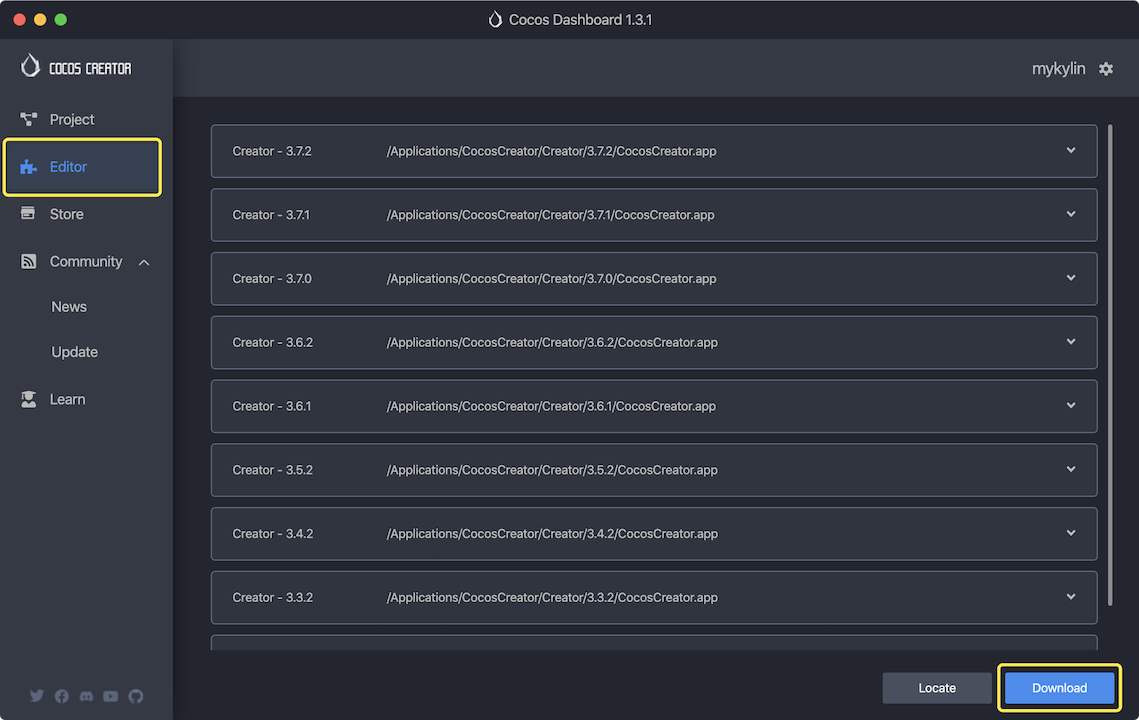 Cocos Creator Dashboard 的“Editor”(编辑器)标签页