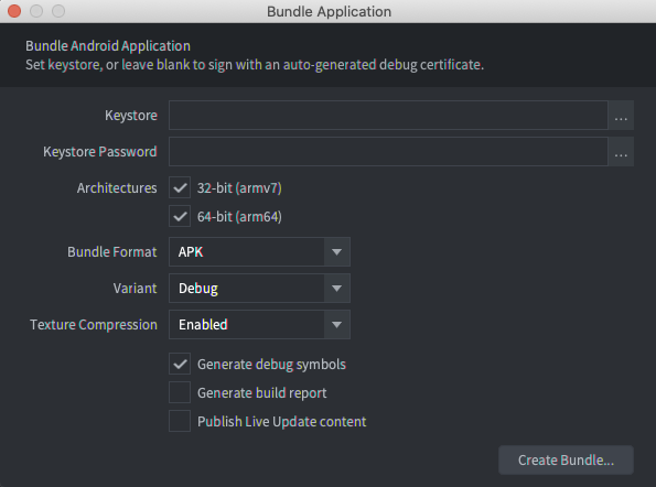 Defold 的「Bundle Application」視窗