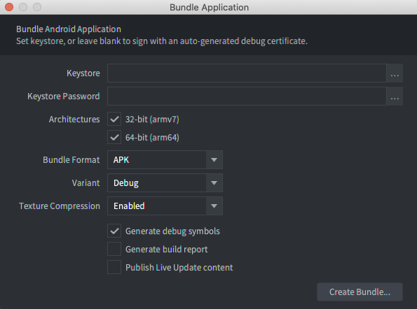 Janela &quot;Bundle Application&quot; do Defold