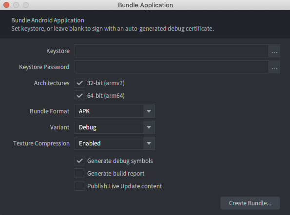 หน้าต่างแอปพลิเคชัน Defold Bundle