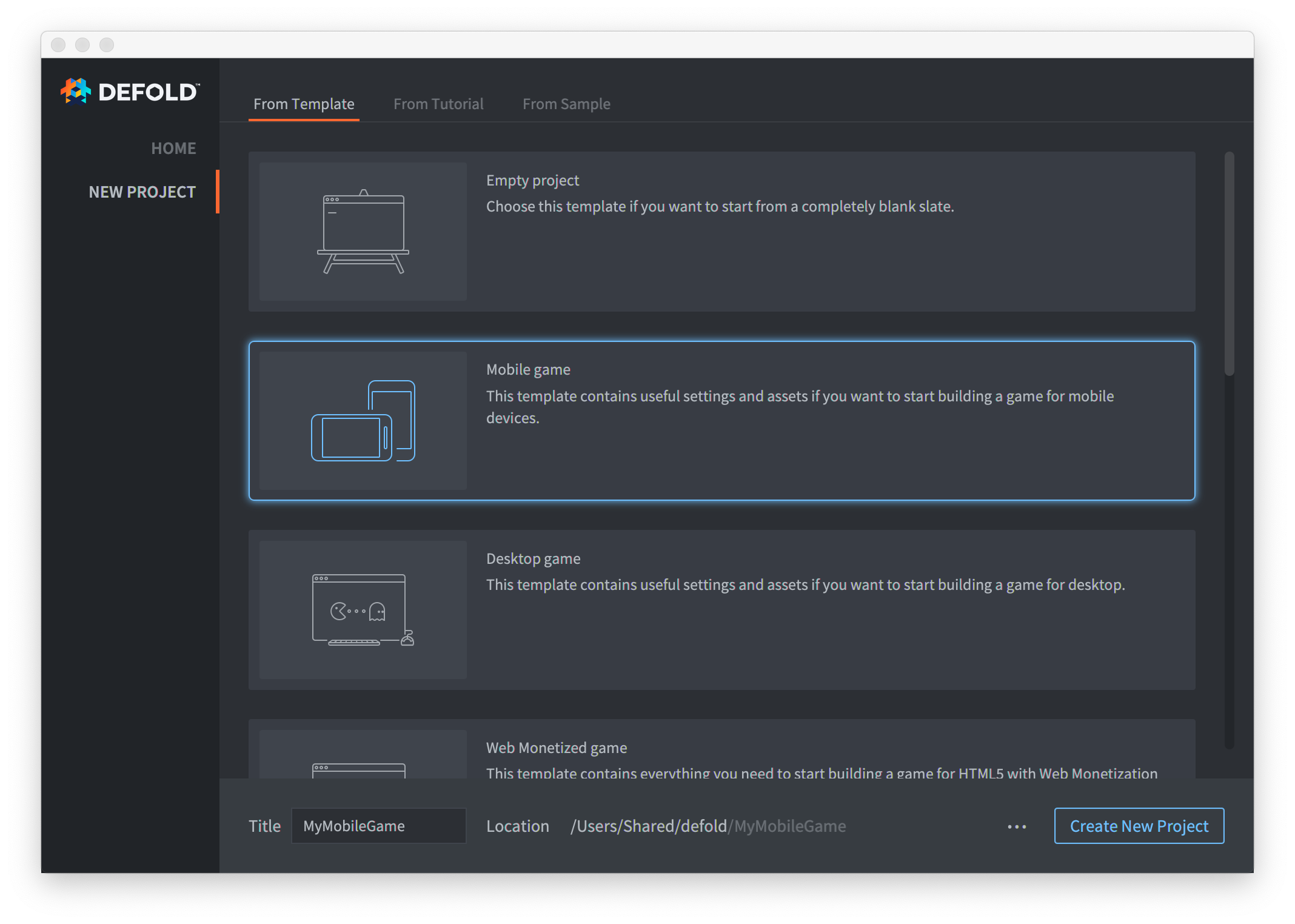 การเลือกเทมเพลตเกมบนอุปกรณ์เคลื่อนที่จากโปรเจ็กต์ใหม่