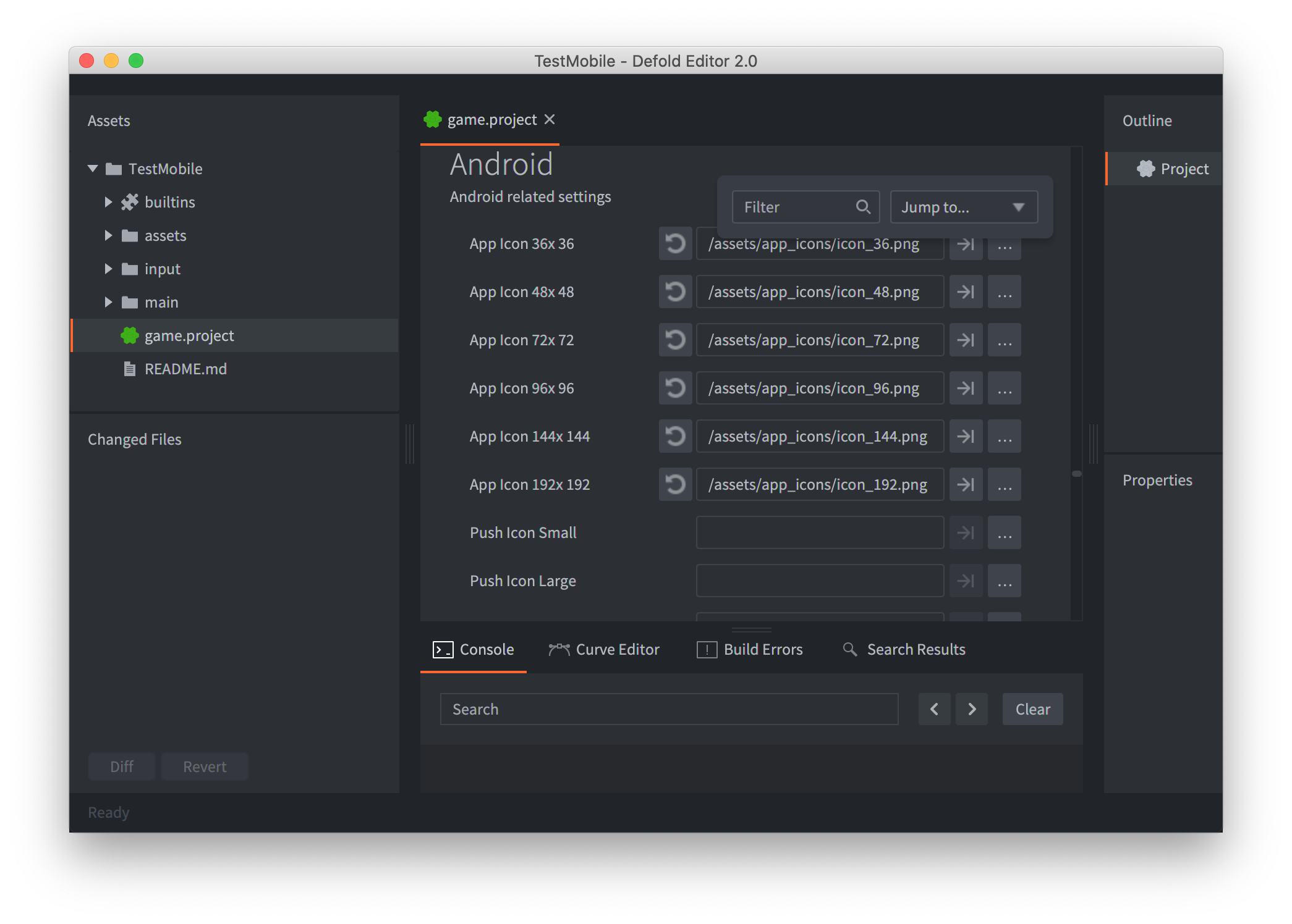 ส่วน Android ของการตั้งค่าโปรเจ็กต์ Defold