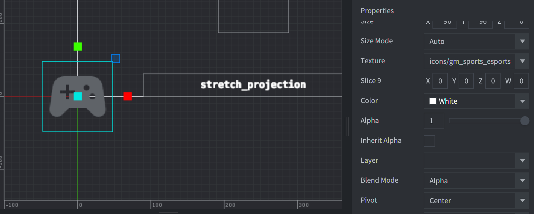 Un nodo GUI con pivot impostato su Center