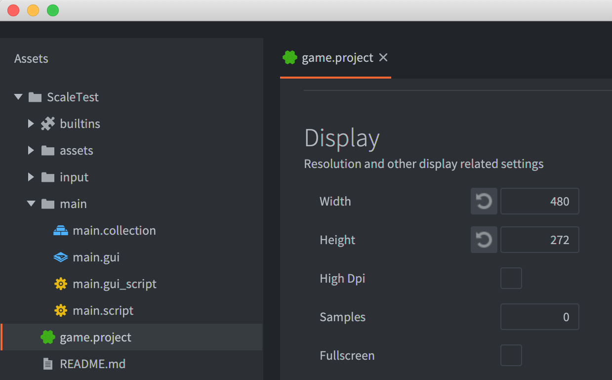 Defold 專案的「Display」設定