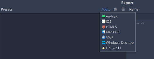 חלון הייצוא של Godot