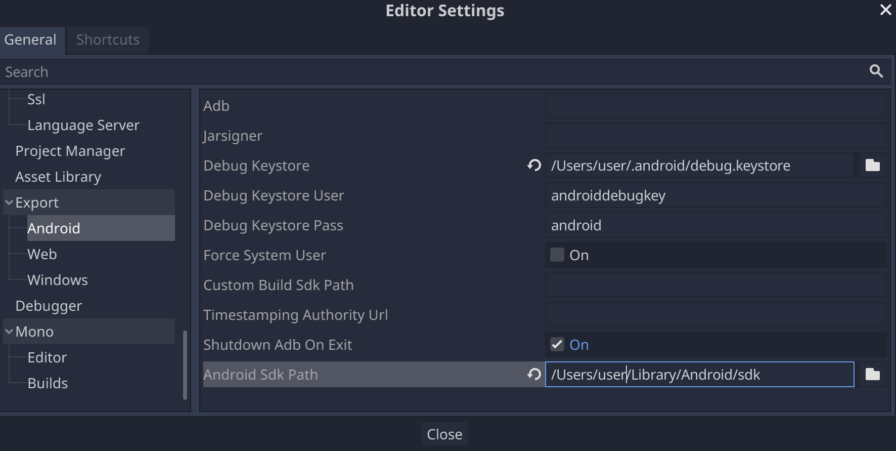 การตั้งค่าเส้นทาง Android SDK ในการตั้งค่าเอดิเตอร์ Godot