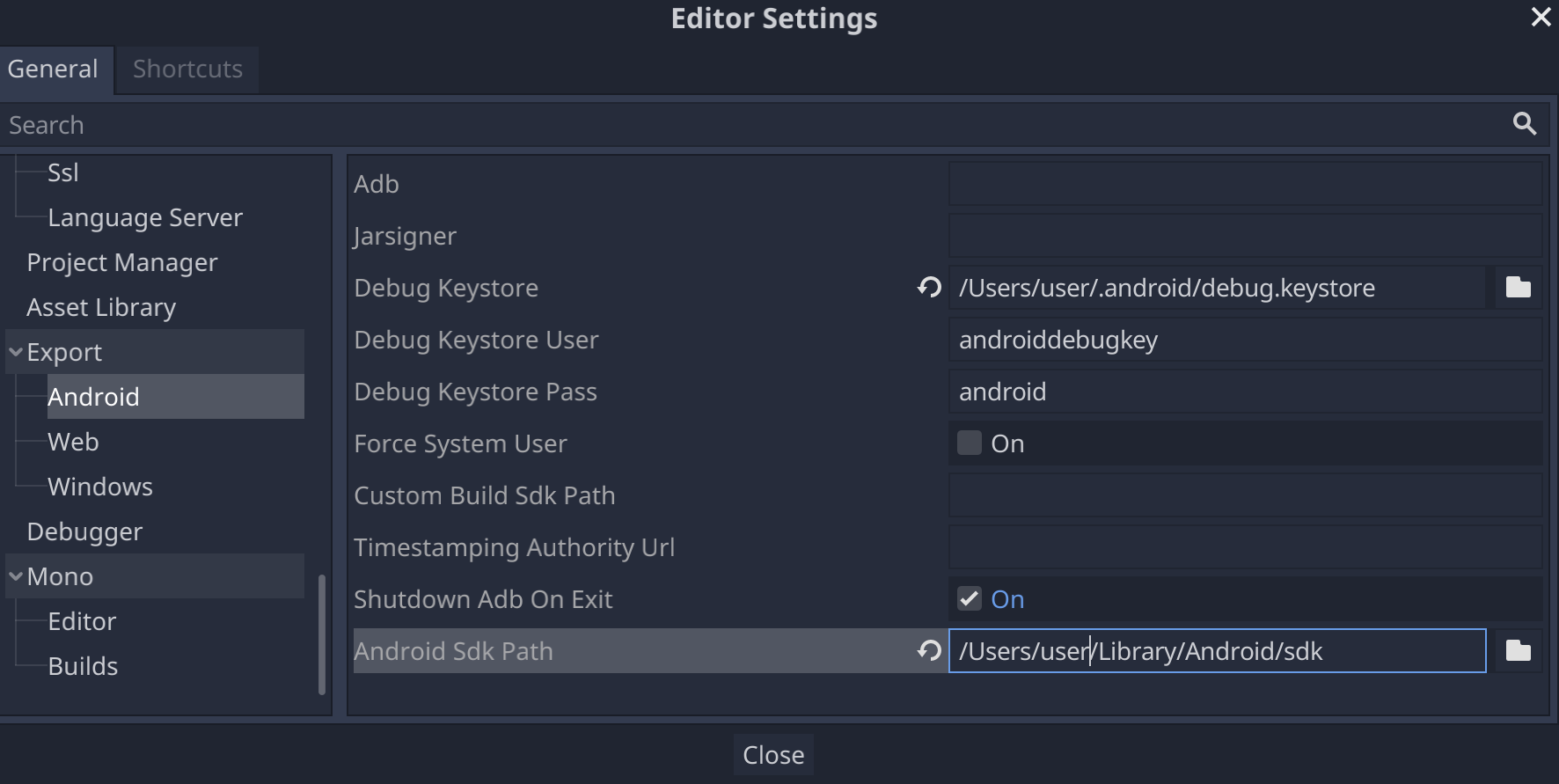 Godot 編輯器設定中的 Android SDK 路徑設定