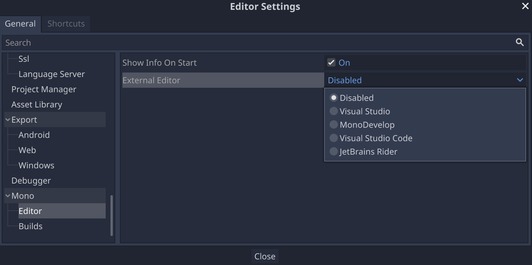 Einstellung für den externen Editor in den Godot-Editor-Einstellungen