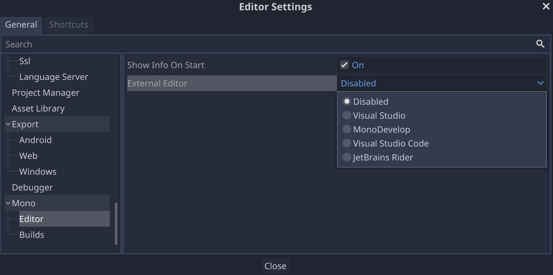 Impostazione editor esterno nelle impostazioni dell'editor Godot