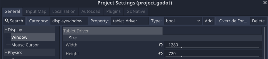 การตั้งค่าโปรเจ็กต์ความกว้างและความสูงของ Godot