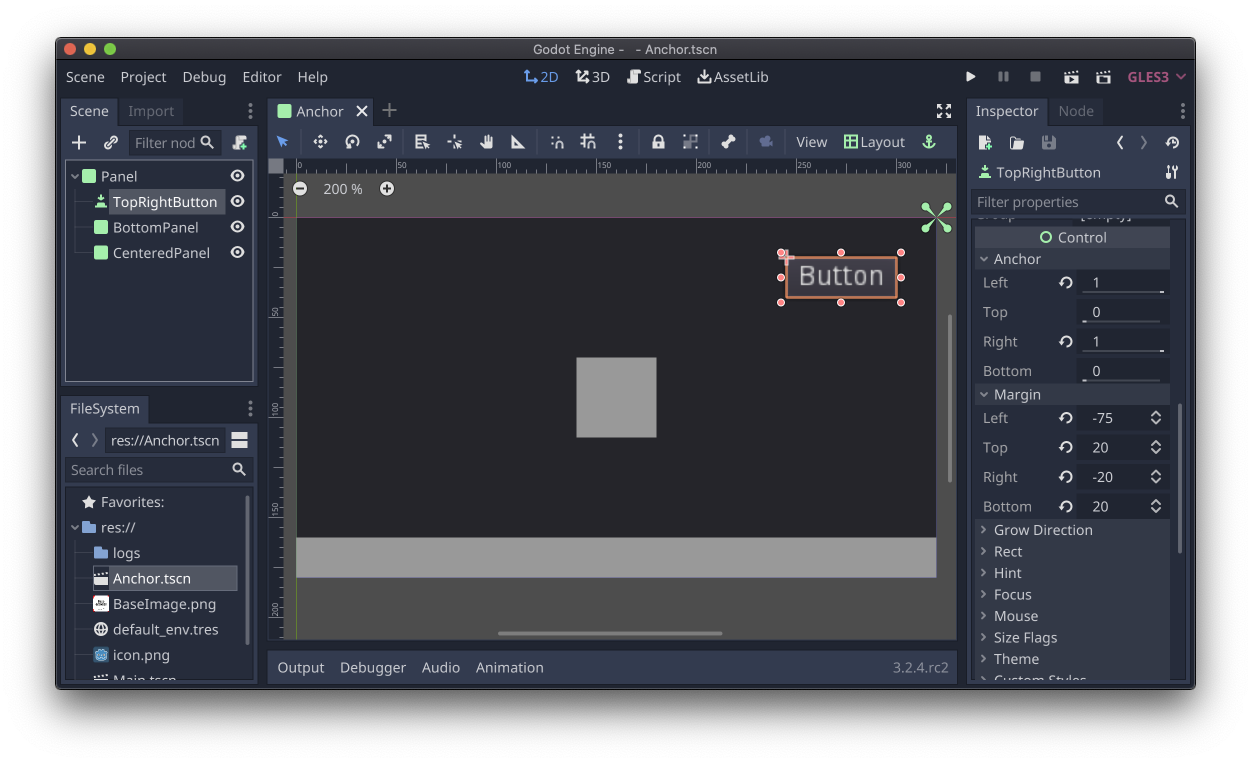ปุ่มควบคุมที่เลือกโดยมีพร็อพเพอร์ตี้ Anchor และ Margin ปรากฏในเครื่องมือตรวจสอบ