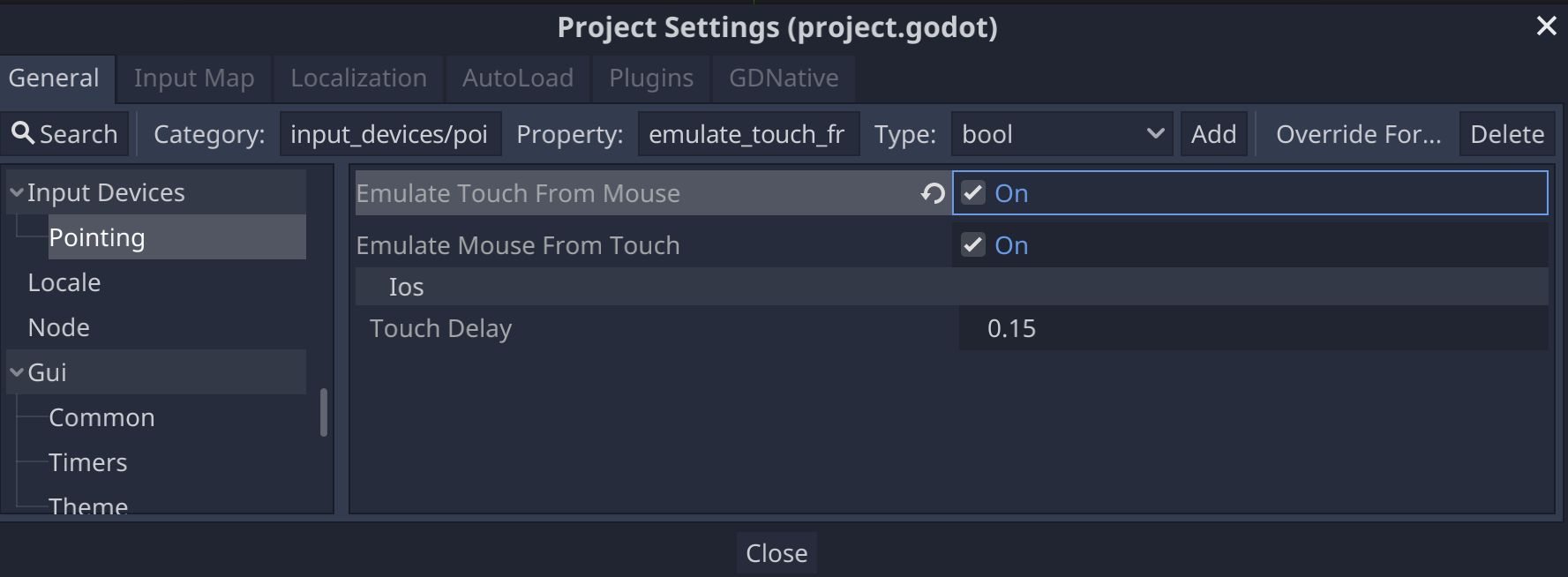 Setelan project Godot untuk perangkat input