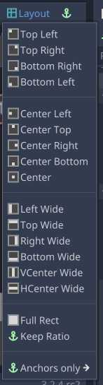 Menu a discesa del layout dell'editor Godot